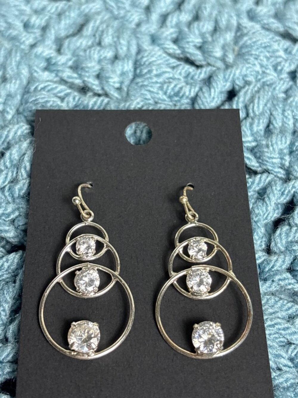 Silvertone Circles Dangle Earrings Clear Rhinestones 1.25 inches